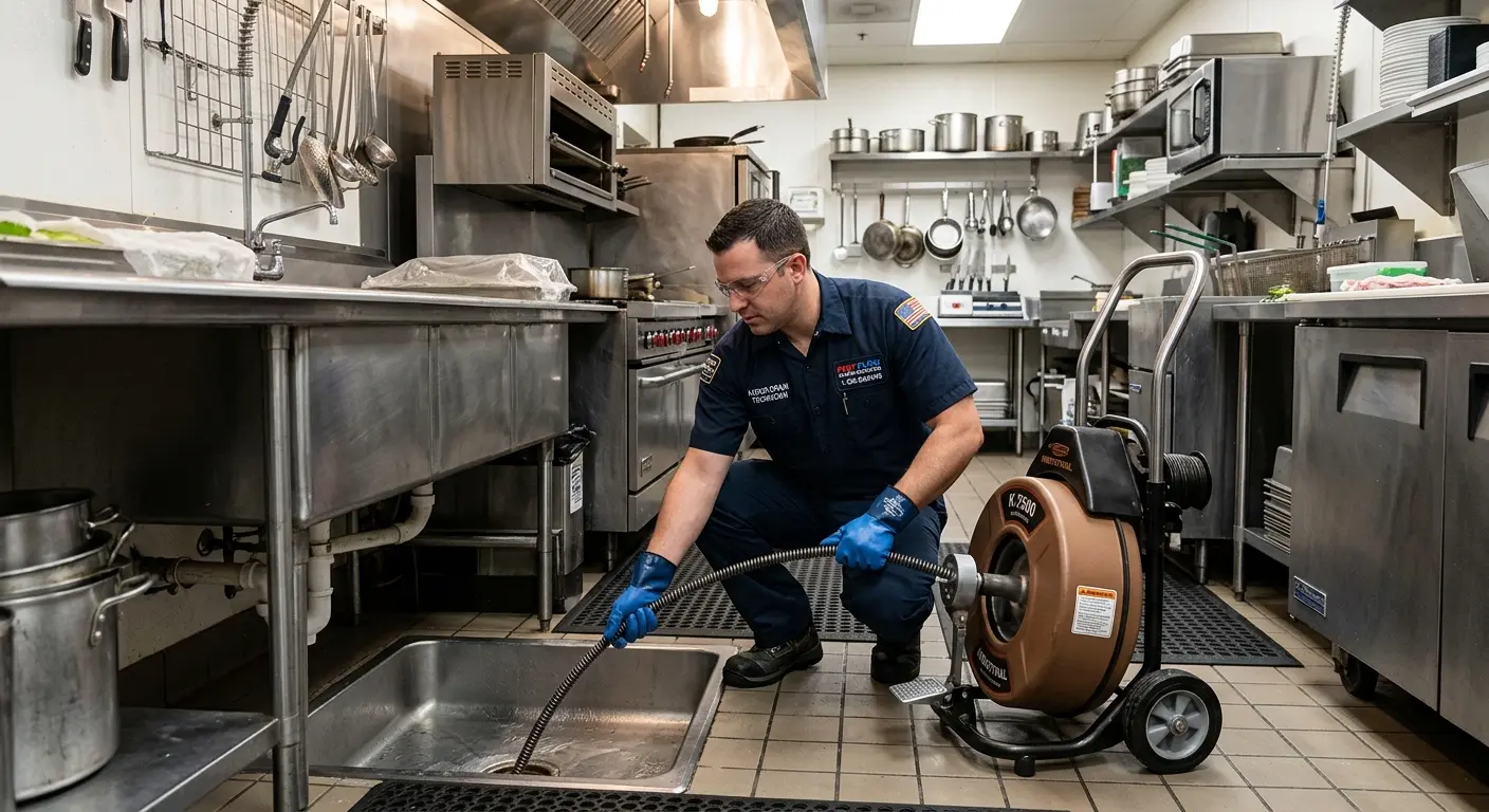 Commercial drain cleaning service in a restaurant kitchen in Grafton