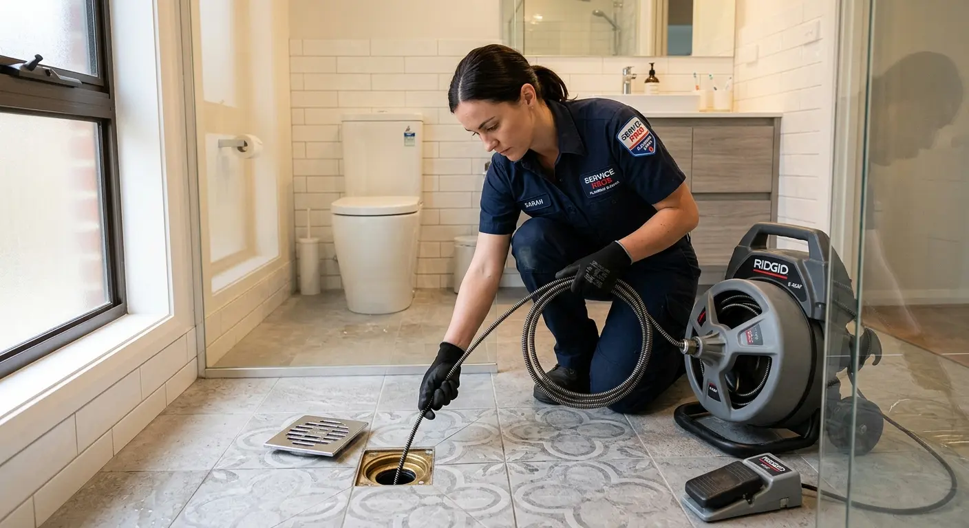 Technician clearing a bathroom floor drain for Sewer Line Replacement in Grafton